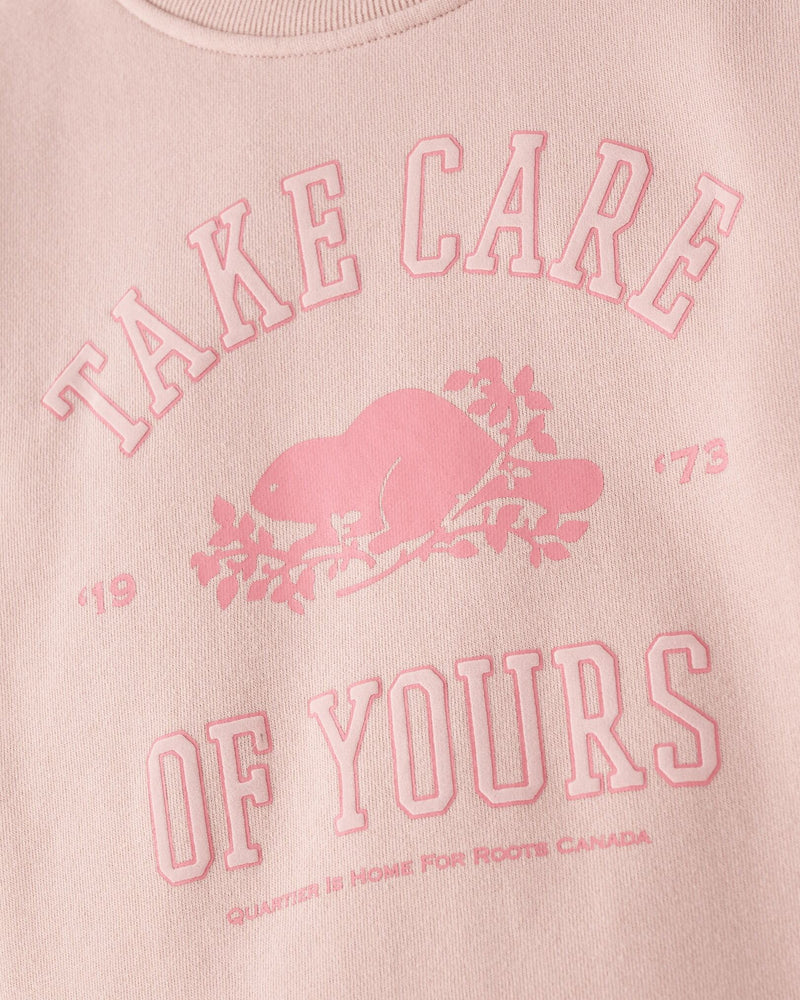 QUARTIER IS HOME x ROOTS CANADA - "TAKE CARE OF YOURS" KIDS CREWNECK (DUSTY PINK)