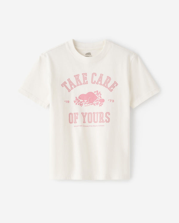 QUARTIER IS HOME x ROOTS CANADA - "TAKE CARE OF YOURS" KIDS TEE (OFF-WHITE / DUSTY PINK)