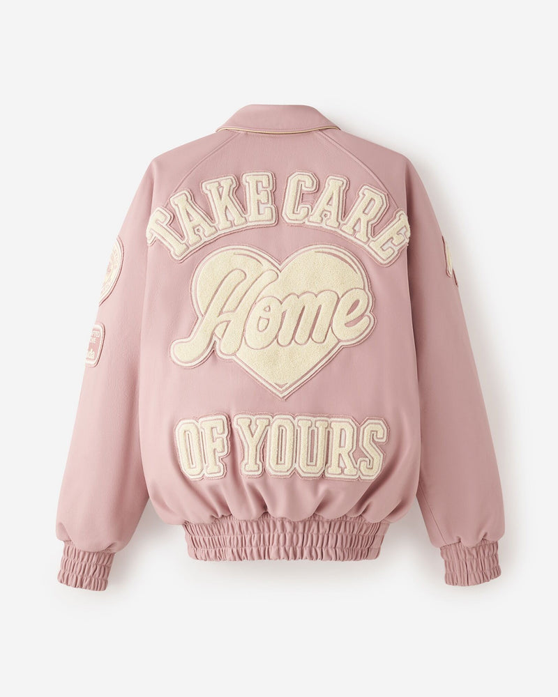 QUARTIER IS HOME X ROOTS - HOMETEAM LEATHER VARSITY JACKET (DUSTY PINK)