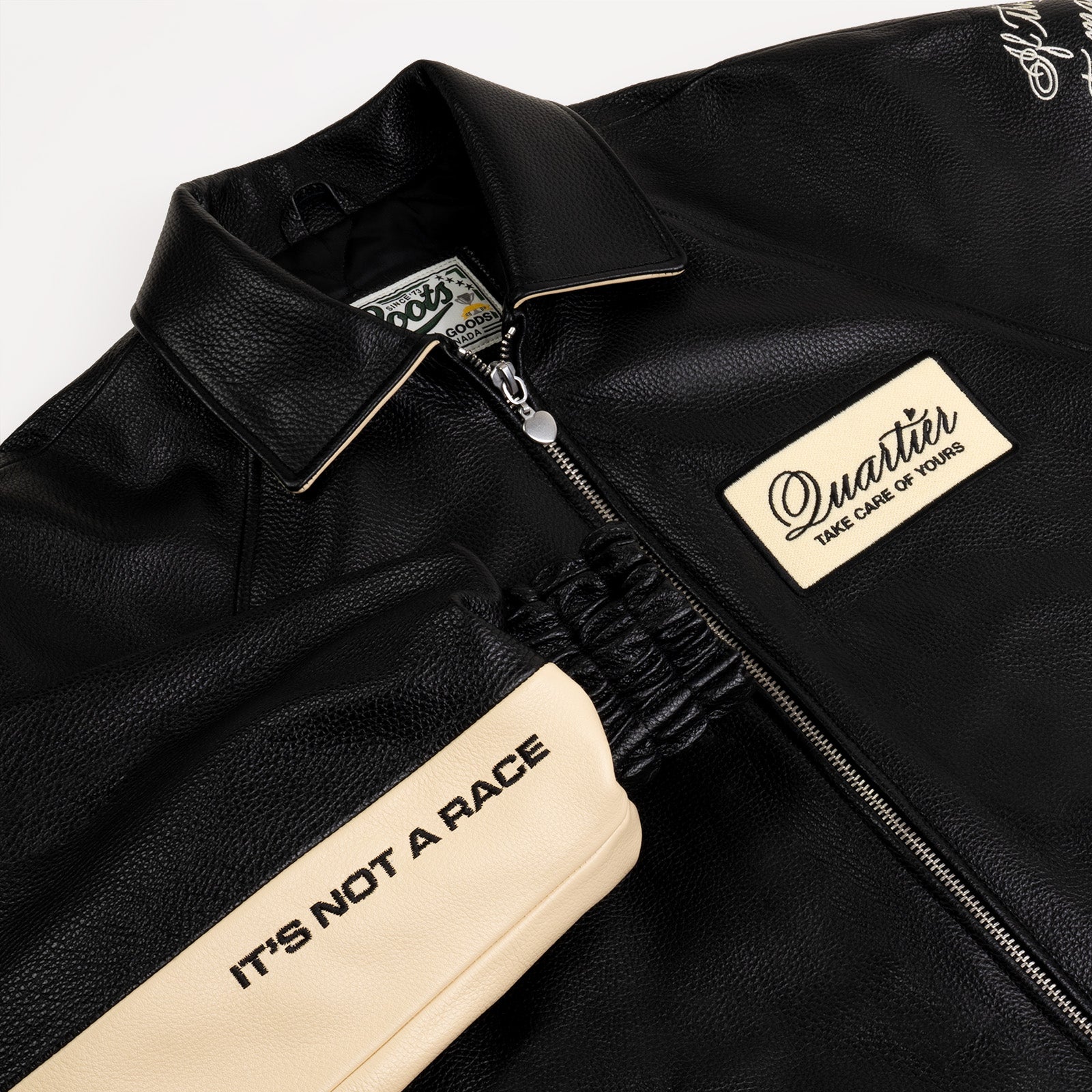 QUARTIER IS HOME X ROOTS - "THE JOURNEY IS THE PRIZE" LEATHER RACING JACKET (BLACK & ECRU)