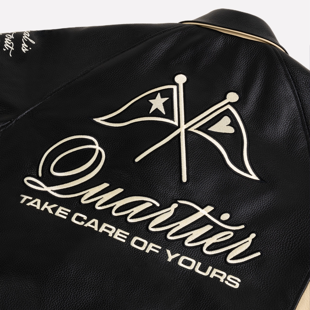 QUARTIER IS HOME X ROOTS - "THE JOURNEY IS THE PRIZE" LEATHER RACING JACKET (BLACK & ECRU)