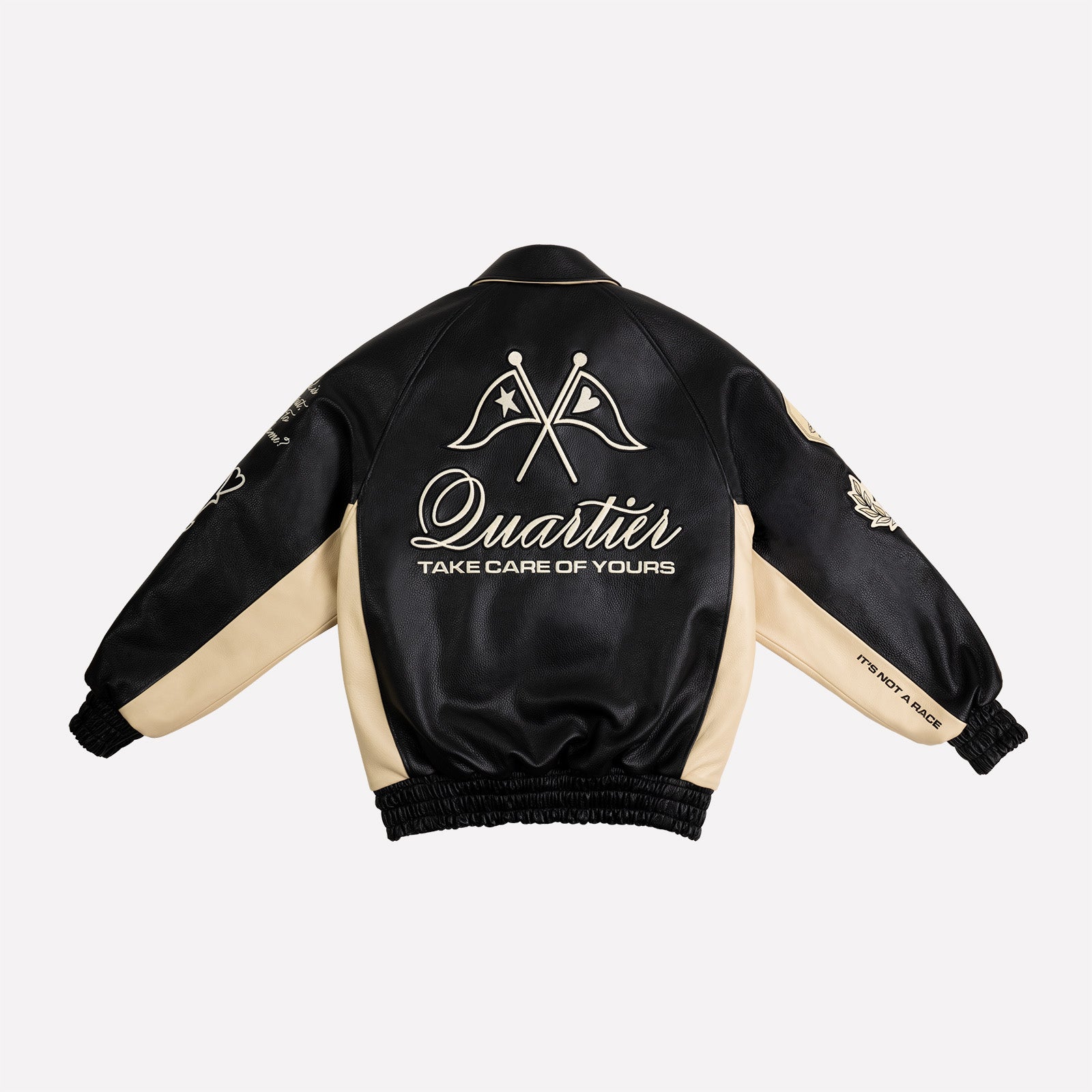 QUARTIER IS HOME X ROOTS - "THE JOURNEY IS THE PRIZE" LEATHER RACING JACKET (BLACK & ECRU)