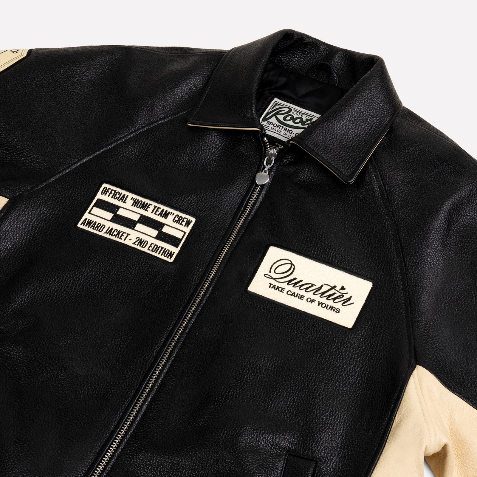 QUARTIER IS HOME X ROOTS - "THE JOURNEY IS THE PRIZE" LEATHER RACING JACKET (BLACK & ECRU)