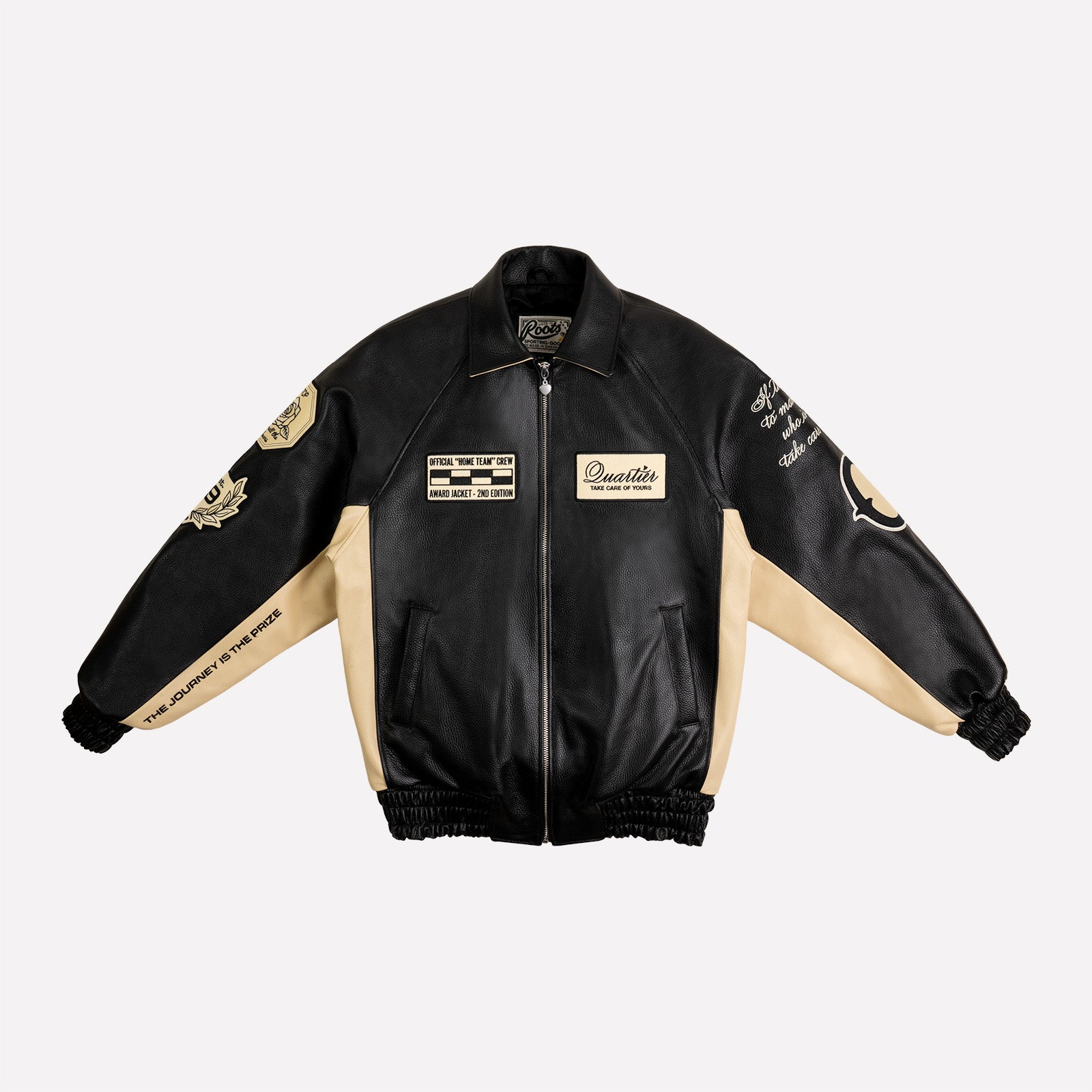 QUARTIER IS HOME X ROOTS - "THE JOURNEY IS THE PRIZE" LEATHER RACING JACKET (BLACK & ECRU)