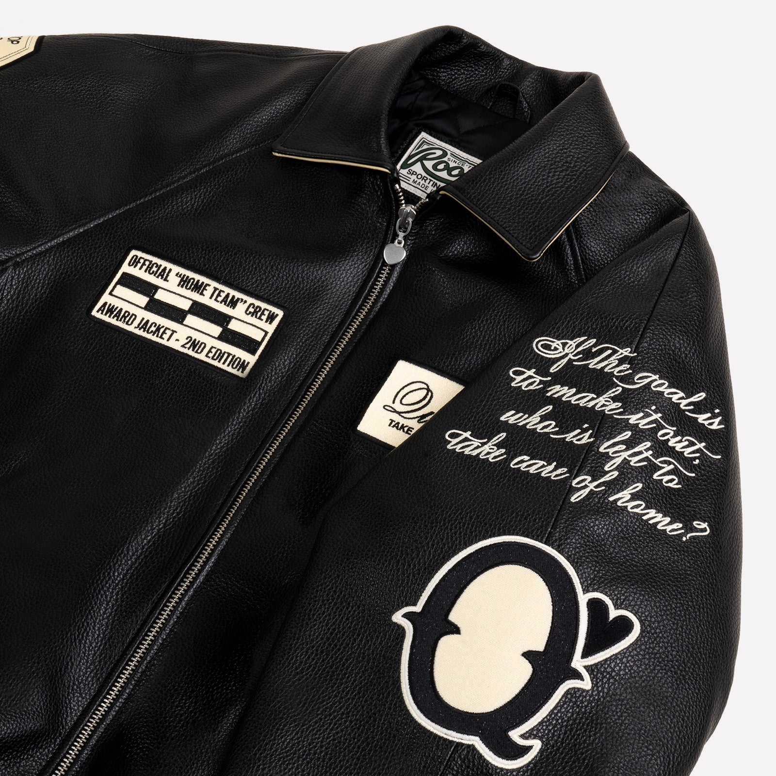 QUARTIER IS HOME X ROOTS - "THE JOURNEY IS THE PRIZE" LEATHER RACING JACKET (BLACK & ECRU)