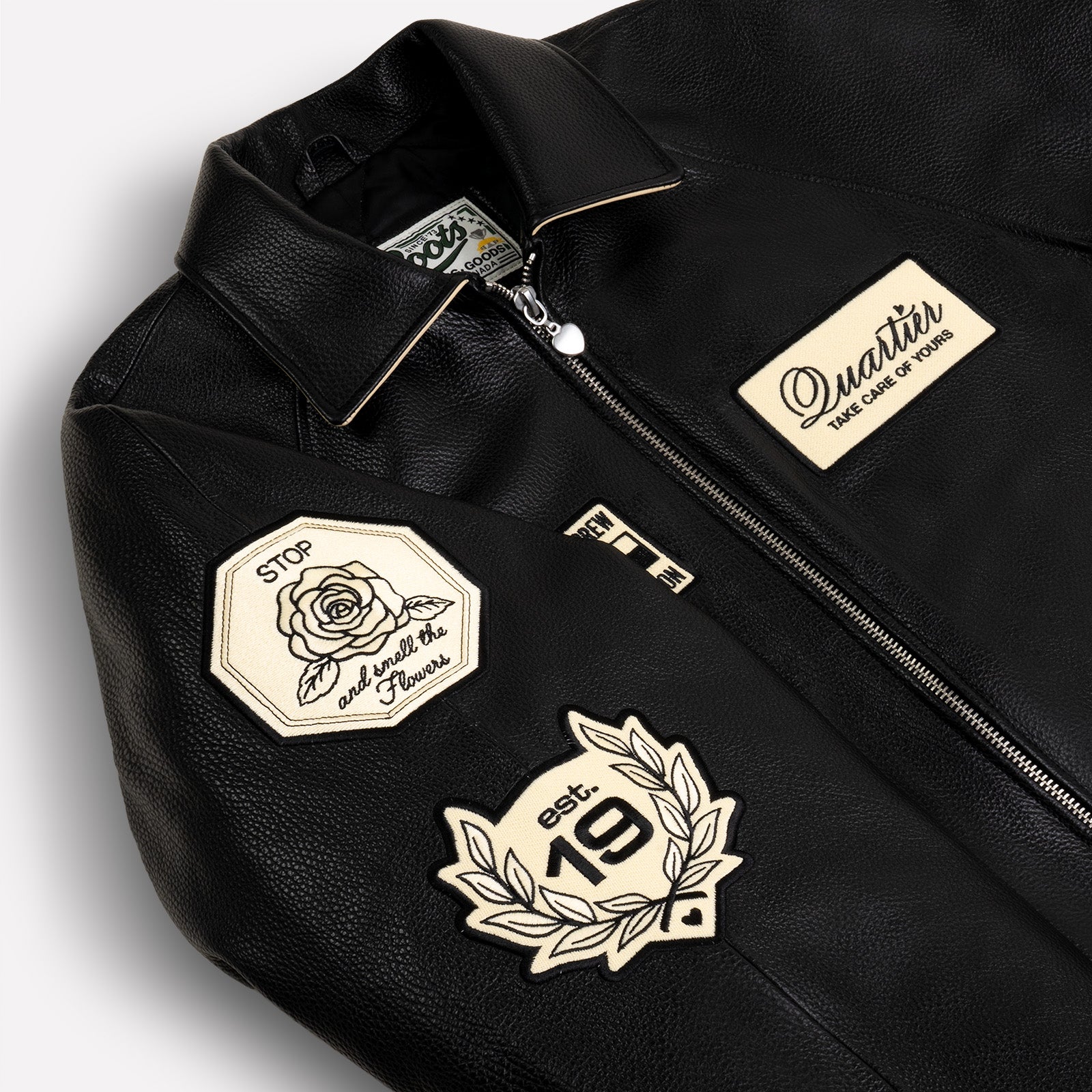 QUARTIER IS HOME X ROOTS - "THE JOURNEY IS THE PRIZE" LEATHER RACING JACKET (BLACK & ECRU)