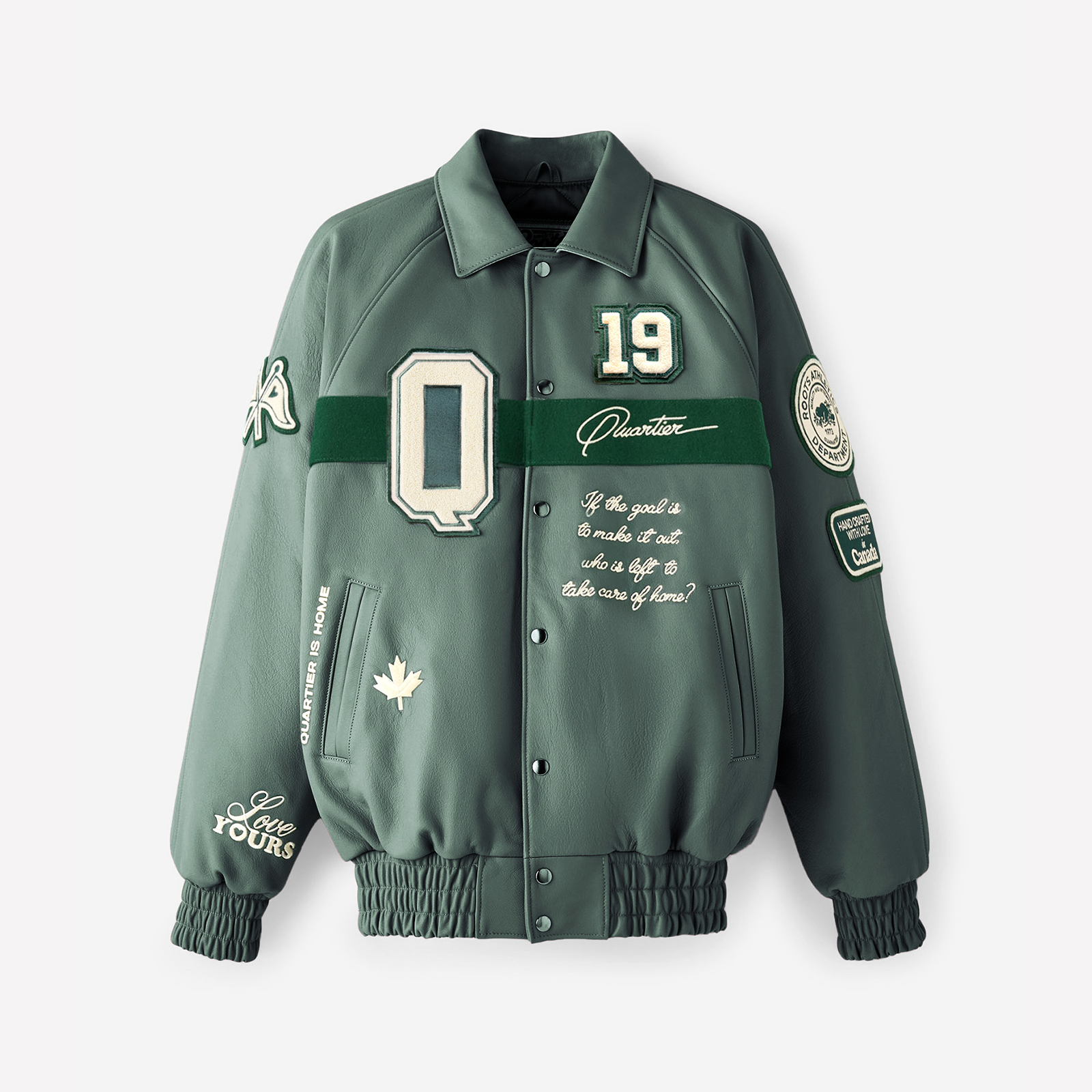 QUARTIER IS HOME X ROOTS - HOMETEAM LEATHER VARSITY JACKET (FOREST)