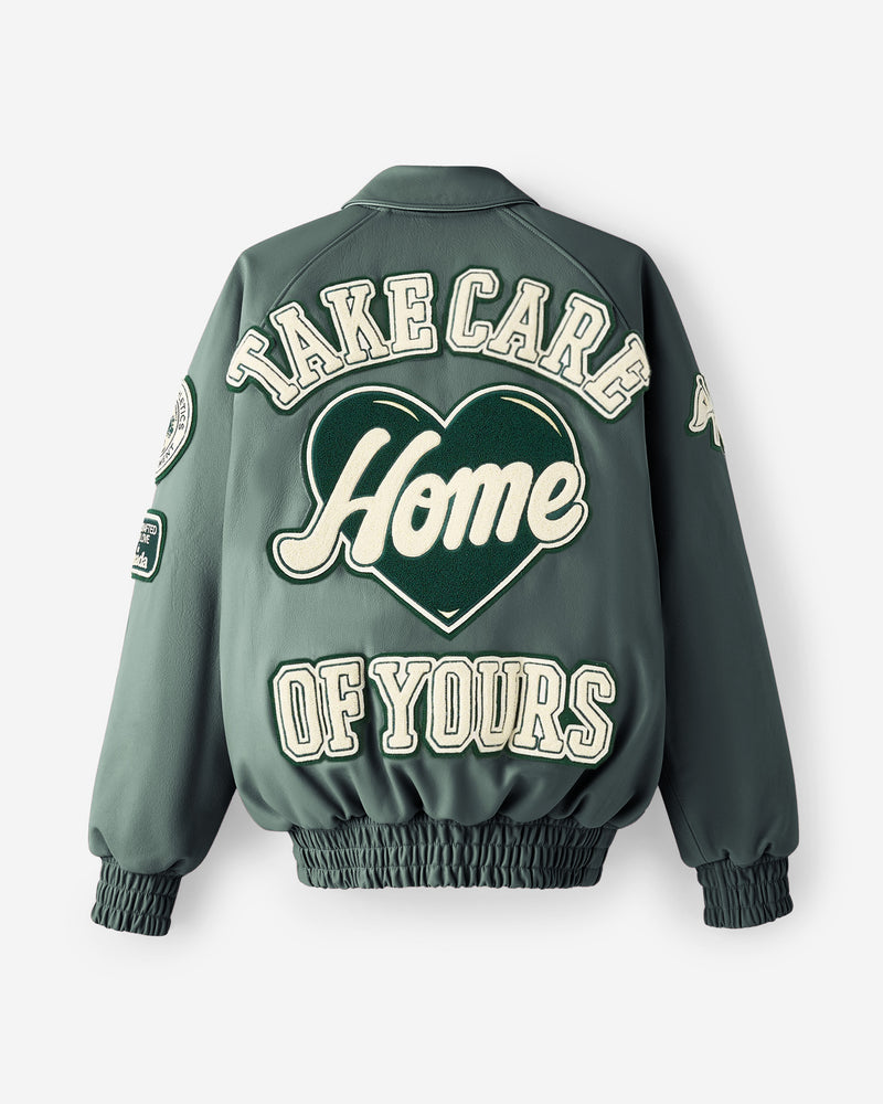 QUARTIER IS HOME X ROOTS - HOMETEAM LEATHER VARSITY JACKET (FOREST)
