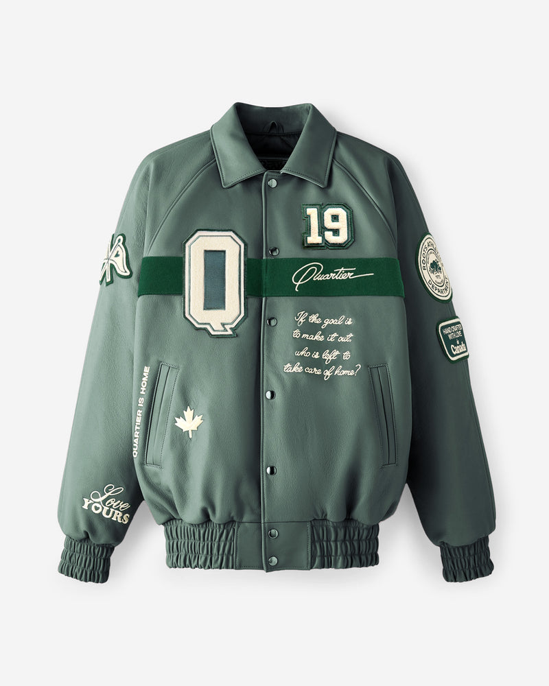 QUARTIER IS HOME X ROOTS - HOMETEAM LEATHER VARSITY JACKET (FOREST)