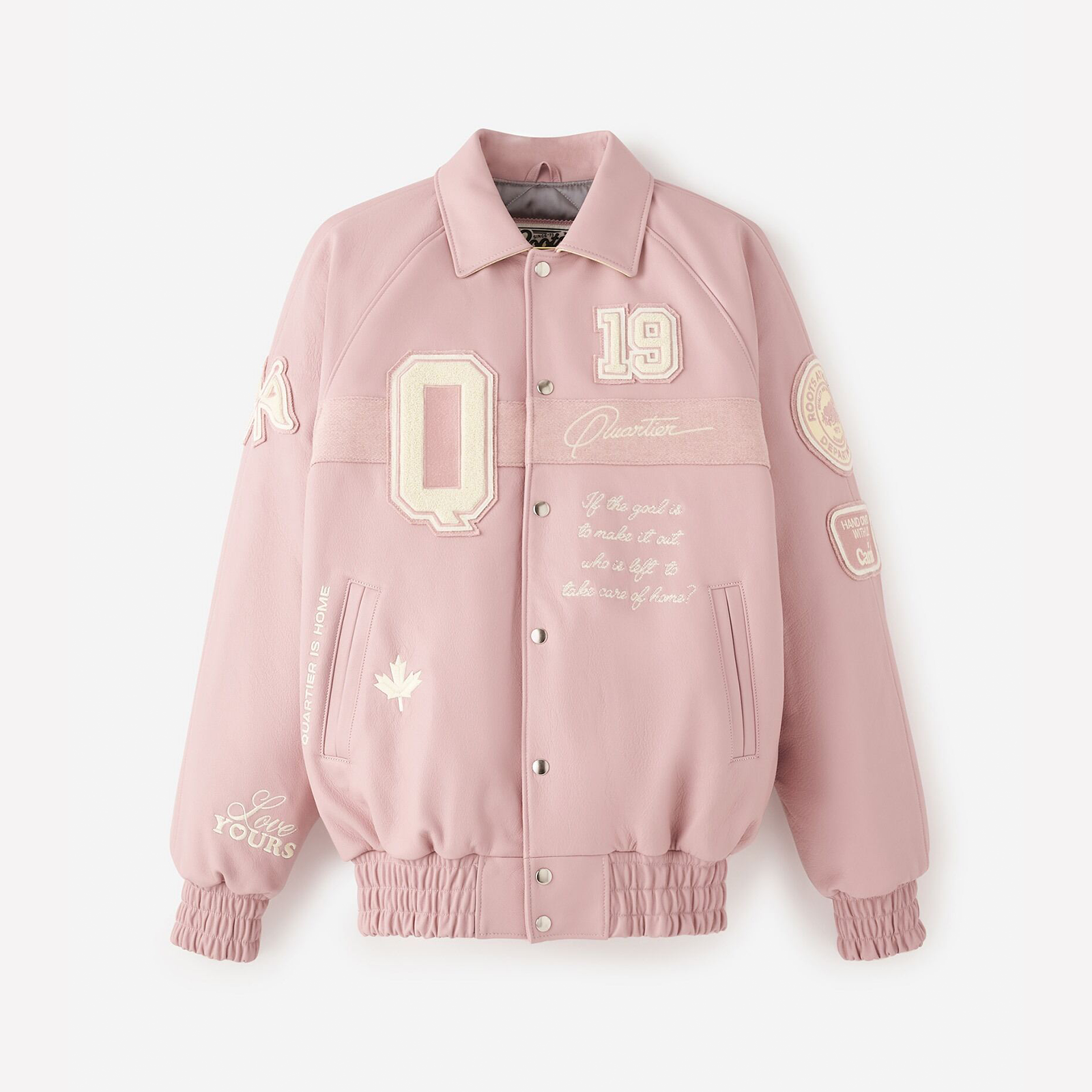 QUARTIER IS HOME X ROOTS - HOMETEAM LEATHER VARSITY JACKET (DUSTY PINK)