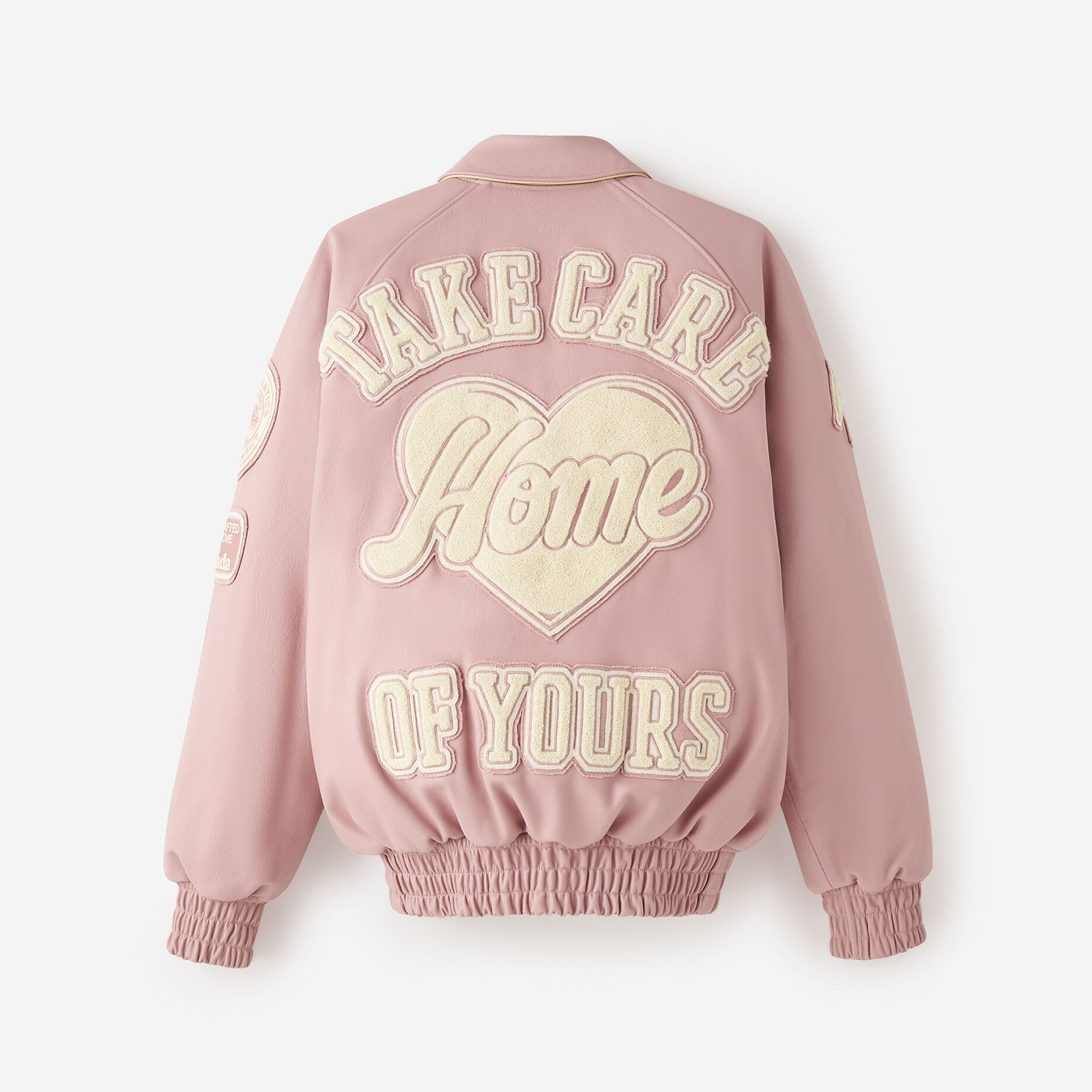 QUARTIER IS HOME X ROOTS HOMETEAM LEATHER VARSITY JACKET DUSTY PINK
