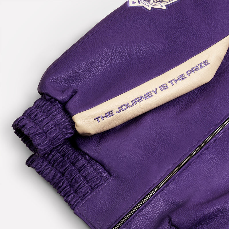 QUARTIER IS HOME X ROOTS CANADA - "THE JOURNEY IS THE PRIZE" LEATHER RACING JACKET (PURPLE & ECRU)