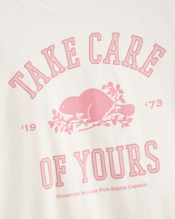 QUARTIER IS HOME x ROOTS CANADA - "TAKE CARE OF YOURS" TEE (OFF-WHITE / DUSTY PINK)