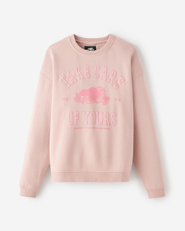 QUARTIER IS HOME x ROOTS CANADA - "TAKE CARE OF YOURS" CREWNECK (DUSTY PINK)