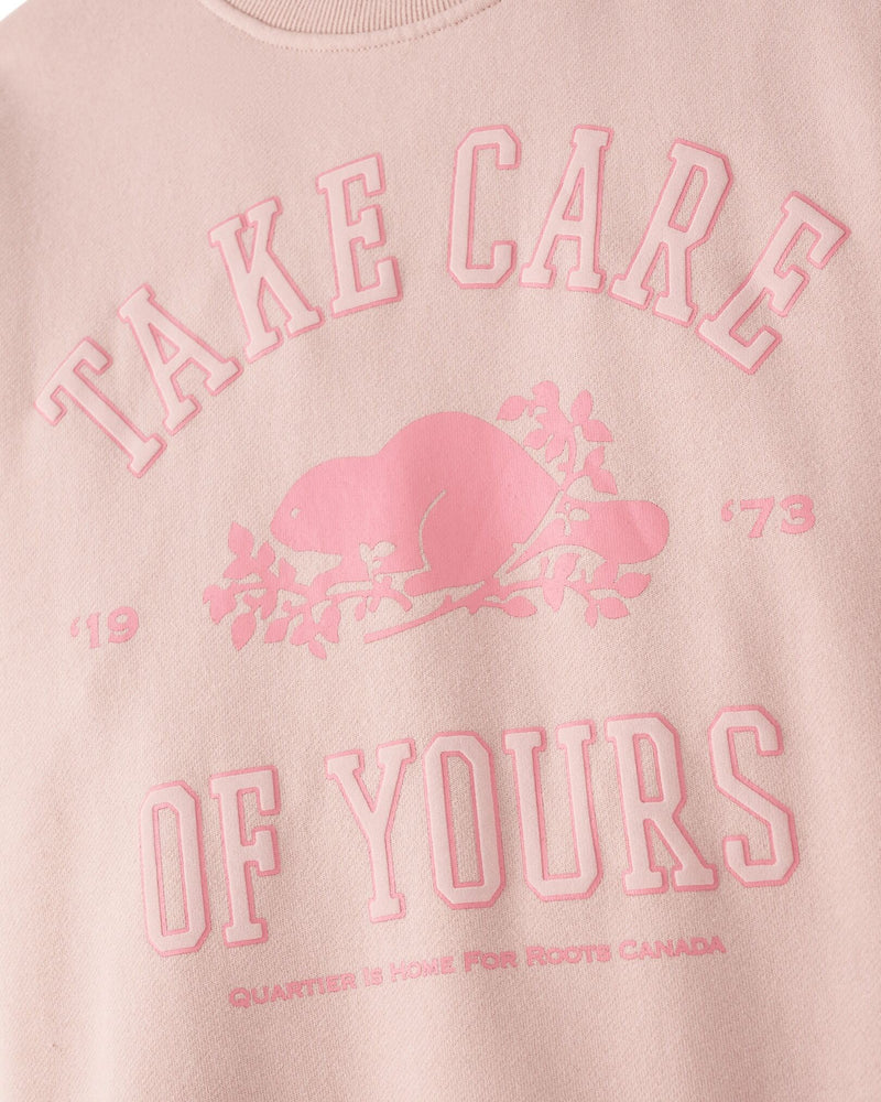QUARTIER IS HOME x ROOTS CANADA - "TAKE CARE OF YOURS" CREWNECK (DUSTY PINK)