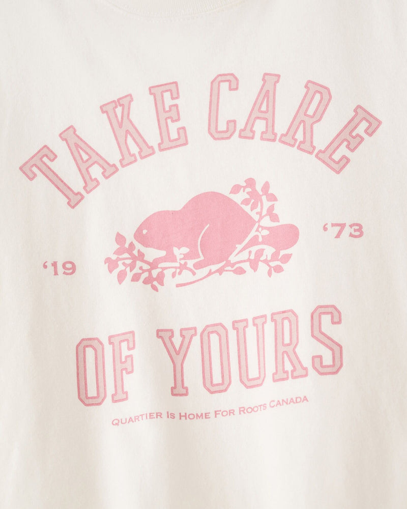 QUARTIER IS HOME x ROOTS CANADA - "TAKE CARE OF YOURS" KIDS TEE (OFF-WHITE / DUSTY PINK)